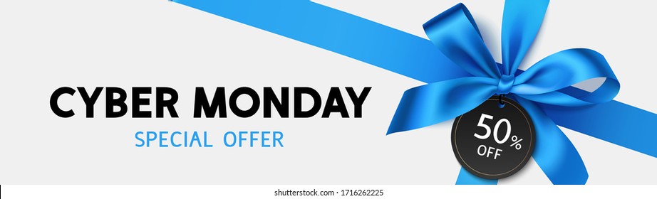 
Cyber monday sale design template. Decorative blue bow with price tag. Vector illustration.