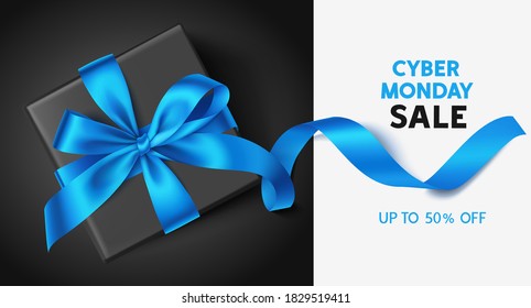 Cyber monday sale design template. Text with black gift box and blue bow with long ribbon. Vector illustration