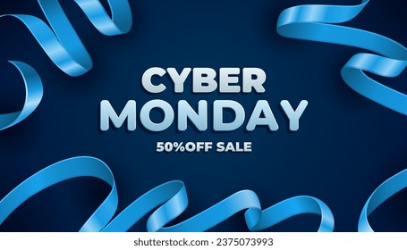 Cyber monday sale design template. Dark banner with blue long ribbon. Vector illustration