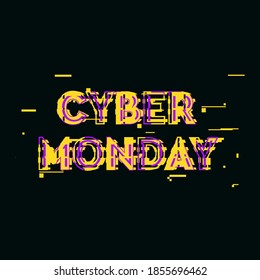 Cyber Monday sale and discount concept banner in distorted glitch style. Text and title for your Cyber Monday ad, branding, shares and social media design.