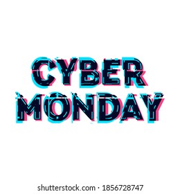 Cyber Monday sale and discount concept banner in distorted glitch style. Text and title for your Cyber Monday ad, branding, shares and social media design.