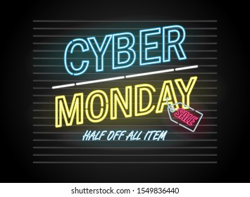 Cyber Monday sale discount offer banner with neon text effect on brick background. Vector illustration.