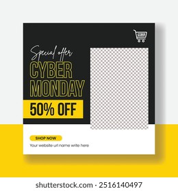 Cyber Monday Sale Discount Offer Square Banner modern Template for Social Media, Fashion Retail Promotional Post, and E-commerce Sale Web Ads with modern colorful background design 