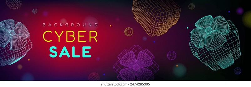 Cyber monday sale and discount promotion horizontal banner with neon glow effect and wireframe flying gift boxes. Vector illustration of futuristic tech poster with digital grid present packages.