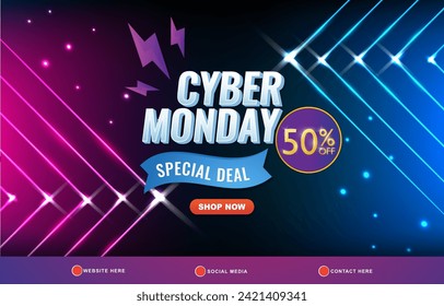 cyber monday sale discount template banner with copy space for product sale with abstract gradient purple and blue background design