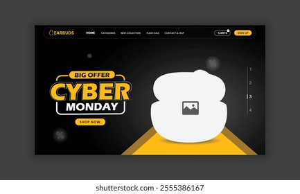 Cyber Monday sale and Earbuds Website Landing Page, Web Banner, and Homepage Hero Section User Interface Design Template