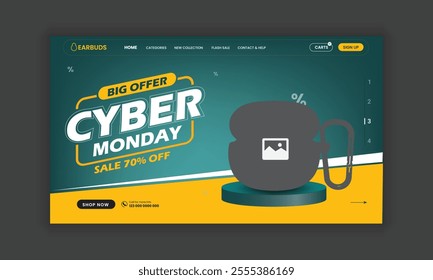 Cyber Monday sale and Earbuds Website Landing Page, Web Banner, and Homepage Hero Section User Interface Design Template