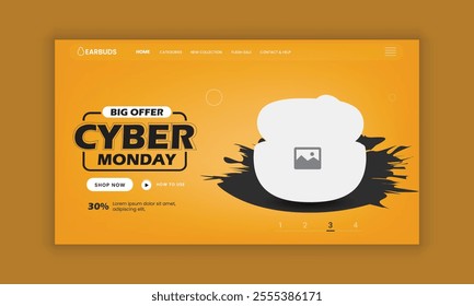 Cyber Monday sale and Earbuds Website Landing Page, Web Banner, and Homepage Hero Section User Interface Design Template