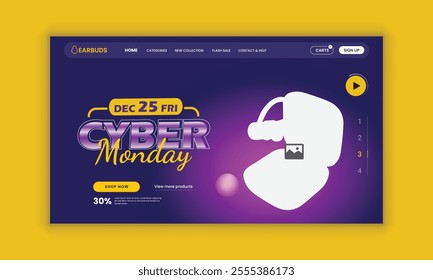 Cyber Monday sale and Earbuds Website Landing Page, Web Banner, and Homepage Hero Section User Interface Design Template