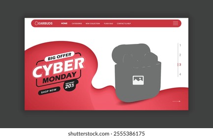 Cyber Monday sale and Earbuds Website Landing Page, Web Banner, and Homepage Hero Section User Interface Design Template