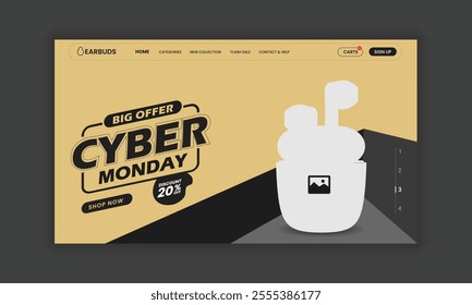 Cyber Monday sale and Earbuds Website Landing Page, Web Banner, and Homepage Hero Section User Interface Design Template