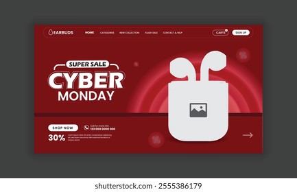 Cyber Monday sale and Earbuds Website Landing Page, Web Banner, and Homepage Hero Section User Interface Design Template