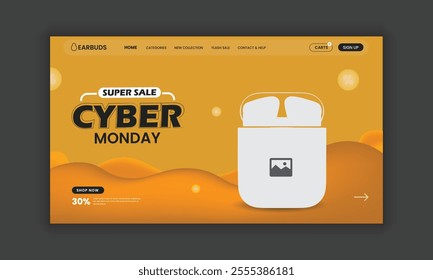 Cyber Monday sale and Earbuds Website Landing Page, Web Banner, and Homepage Hero Section User Interface Design Template