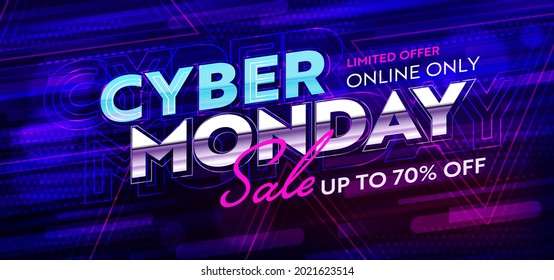 Cyber Monday sale event advertising label, banner template. Limited time promotion discount with price reduction up to 70 percent off vector illustration. Online market promotion campaign