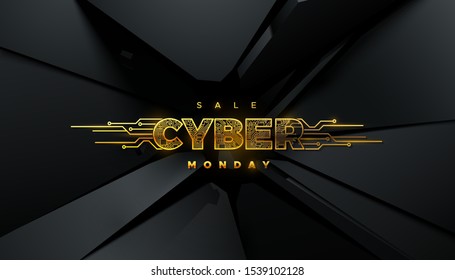 Cyber Monday Sale event. Online retail promotional sign. Vector technology illustration. Futuristic design. Golden label with circuit board texture on black fractured background. E-commerce concept
