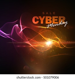 Cyber Monday sale flyer design template. Vector illustration of neon lights Cyber Monday sign with digital illuminated wave and lens flare effect.