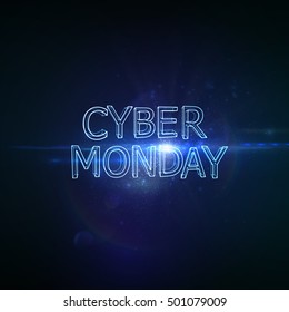 Cyber Monday Sales Flyer Design Vorlage. Vektorgrafik der Neonleuchten Cyber Montag-Zeichen mit digitaler illuminierter Welle, Teilchen und Objektivflare Lichteffekt.