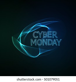 Cyber Monday sale flyer design template. Vector illustration of neon lights Cyber Monday sign with digital illuminated wave.