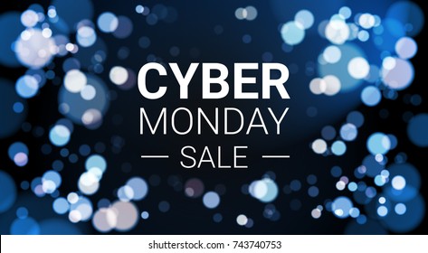 Cyber Monday Sale Flyer Design With White Lights Bokeh On Blue Background Holiday Discount Poster Banner Vector Illustration