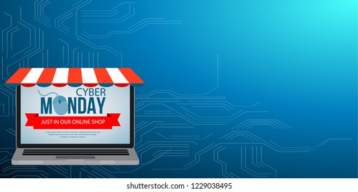 Cyber Monday sale flyer template. Blue electronic background with laptop for seasonal discount offer. Vector illustration. Holiday sale card with red notebook for your design. 