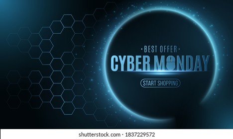 Cyber monday sale .Futuristic glowing banner with hexagon cyber pattern. Business event. Flying abstract lights. Trendy hi-tech design. Vector illustration. EPS 10