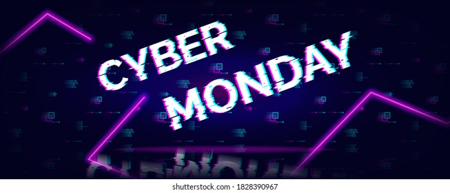 Cyber monday sale glitch neon symbol on abstract futuristic background with lines and pixels. vector illustration.