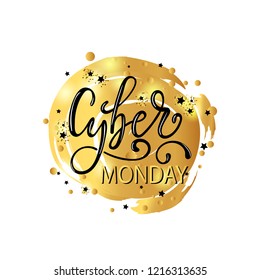 Cyber Monday sale gold glitter background. Christmas and new year shopping. Black shine gold sparkles background. Super friday sale logo for banner, web, header and flyer, design.