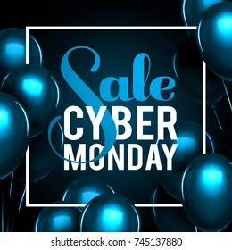 Cyber monday sale gold lettering. Holiday shopping. Blue background. Vector illustration. Blue balloons.
