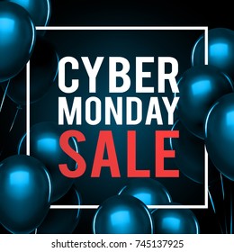 Cyber monday sale gold lettering. Holiday shopping. Blue background. Vector illustration. Blue balloons.