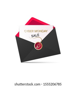 CYBER MONDAY. SALE. Golden computer mouse and special offer. Envelope with black outside and red inside. Vector illustration isolated on a white background