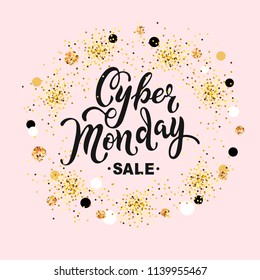 Cyber Monday sale. Hand drawn lettering Cyber Monday for banner, logo, badge, web, poster. Discount time. Vector illustration Cyber Momday isolated on pink background with golden confetti.