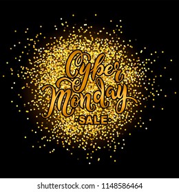 Cyber Monday sale. Hand drawn lettering Cyber Monday for banner, logo, badge, web, poster. Discount time. Vector illustration Cyber Momday isolated on background with golden confetti.