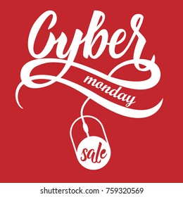 Cyber Monday Sale. Hand written lettering with red background. Calligraphy. Vector illustration