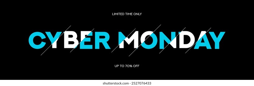 Cyber Monday Sale horizontal banner. Modern minimal blue and white text symbol of Cyber Monday Sale with discount offer. Design template for Cyber Monday, promotion, advertising and social media ad.