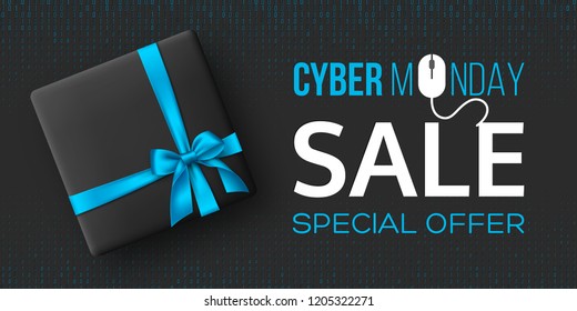 Cyber monday sale horizontal poster or banner for seasonal discounts. Black box with realistic silk blue bow on code background. Sale concept. Vector illustration.