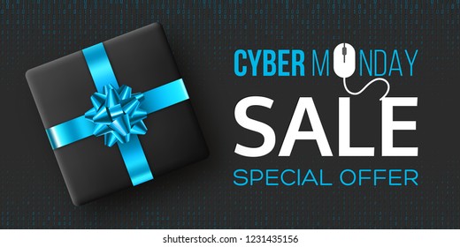 Cyber monday sale horizontal poster or banner for seasonal discounts. Black box with realistic blue bow on code background. Sale concept. Vector illustration.