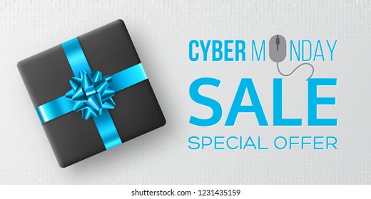 Cyber monday sale horizontal poster or banner for seasonal discounts. Black box with realistic blue bow on code background. Sale concept. Vector illustration.