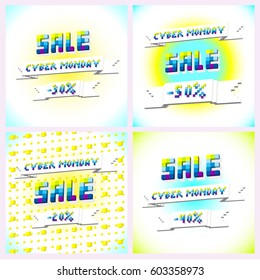 Cyber Monday. Sale inscription design template. Set of white ribbons flags banners labels elements in cubes 3D pixel art style.Squares.Vector 