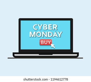Cyber monday sale. Cyber Monday inscription on laptop computer. Holiday online shopping concept. Electronic store, comfort and time save concept. Isolated vector illustration.