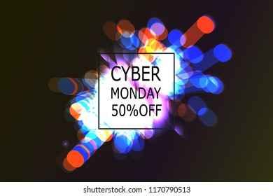 Cyber Monday Sale label. Promotional banner template with lettering composition and light rays. cyber Monday discount fireworks, Vector illustration