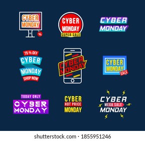 Cyber monday sale label set design. Cyber Monday Closeout background for good promotion bargain. For advertising poster or banner design. Vector illustration, eps 10. 