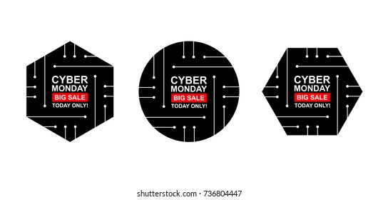 Cyber monday sale labels set. Collection of three stickers of geometric shapes for your design. Vector stock illustration