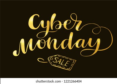 Cyber Monday Sale lettering typography poster. Internet sale. Cold season discount calligraphy. Vector illustration on black background and golden text with shimmer. 