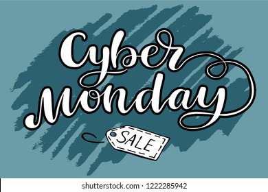 Cyber Monday Sale lettering typography poster. Internet sale. Cold season discount calligraphy. Vector illustration on blue textured background, white text with black stroke.