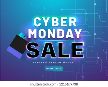 Cyber Monday Sale for Limited period offer on shiny blue background for advertising banner or poster design.
