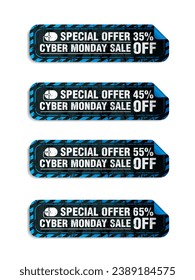 Cyber monday sale, long stickers set. Sale 35%, 45%, 55%, 65% off discount. Vector illustration