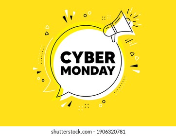 Cyber Monday Sale. Megaphone yellow vector banner. Special offer price sign. Advertising Discounts symbol. Thought speech bubble with quotes. Cyber monday chat think megaphone message. Vector