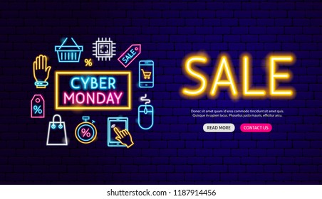 Cyber Monday Sale Neon Banner Design. Vector Illustration of Shopping Promotion.