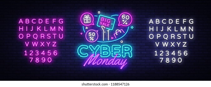 Cyber Monday Sale neon banner vector design template. Cyber Monday Big discounts neon logo, light banner design element colorful modern design trend, bright sign. Vector. Editing text neon sign