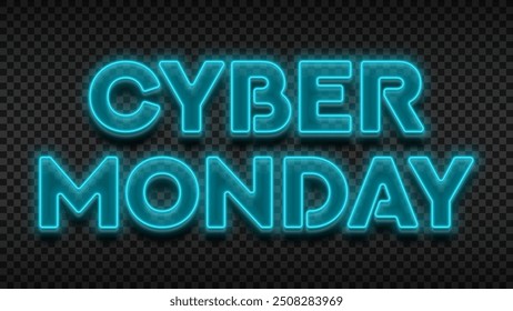 Cyber Monday Modelo de letras de néon de venda. Símbolo de texto brilhante para decoração Cyber Monday venda isolada em fundo quadriculado. Blue neon Cyber Monday placa para vendas sazonais, publicidade.